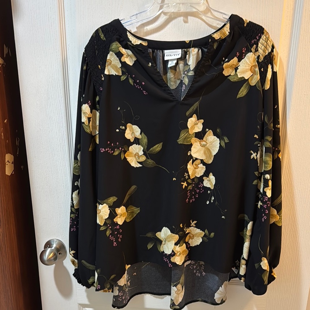 Max Studio Black and Yellow Floral Long Sleeve Blouse